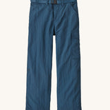 Patagonia kids everyday outdoor pants in a navy colour on a cream background.