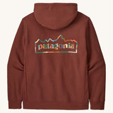 Rear view of the Patagonia unity Fitz mens hoodie in dark red showing the large logo print on the back filled in with block colours