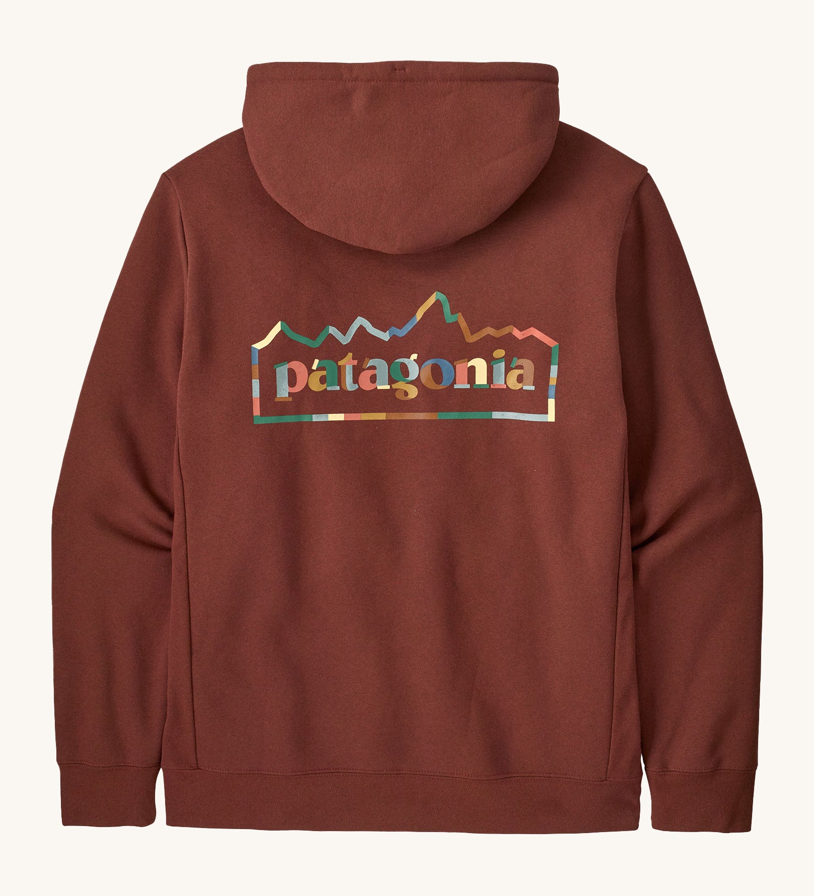 Rear view of the Patagonia unity Fitz mens hoodie in dark red showing the large logo print on the back filled in with block colours