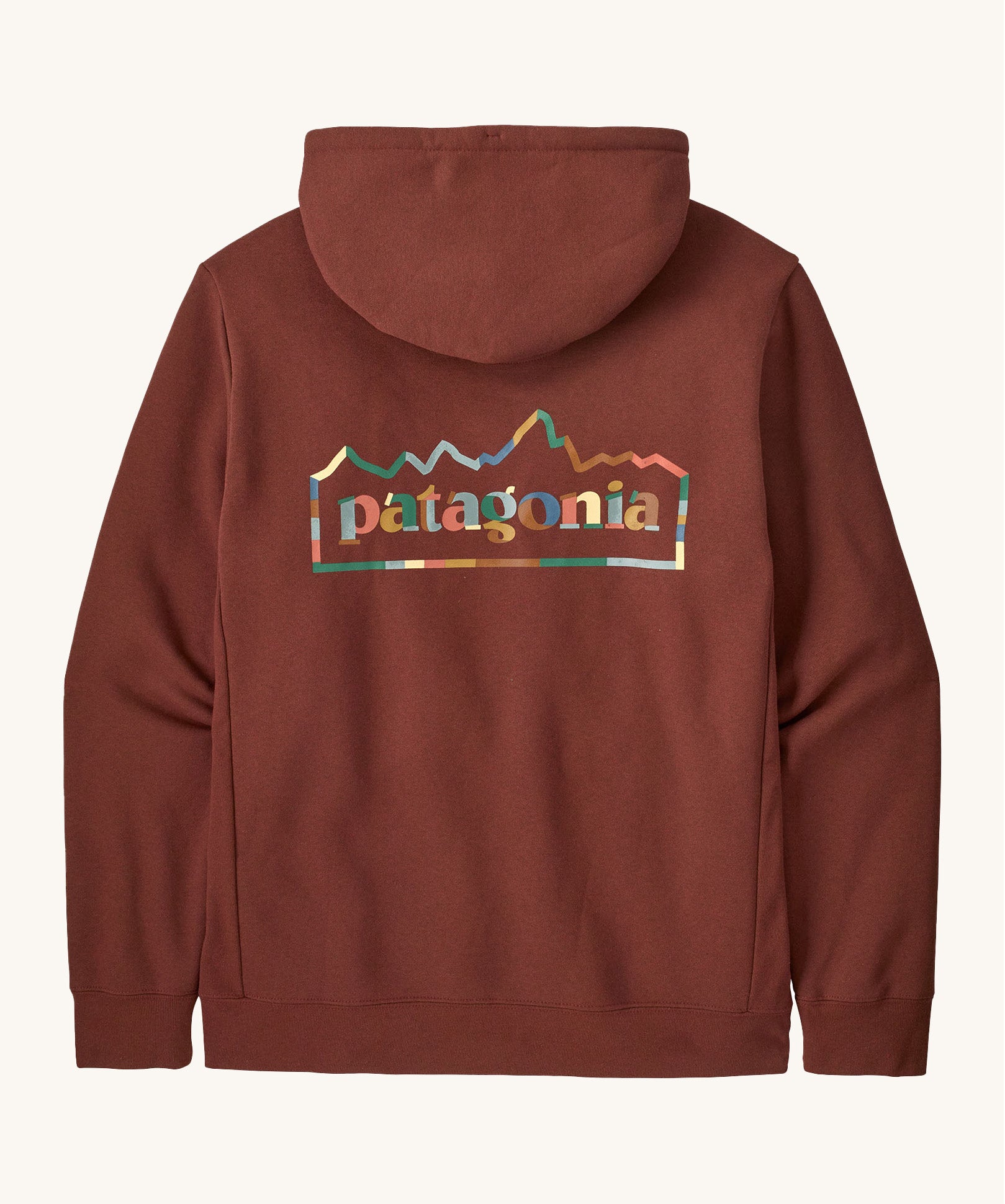 Rear view of the Patagonia unity Fitz mens hoodie in dark red showing the large logo print on the back filled in with block colours