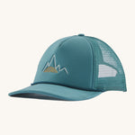 Patagonia broadcaster cap in turquoise colour on a cream background.