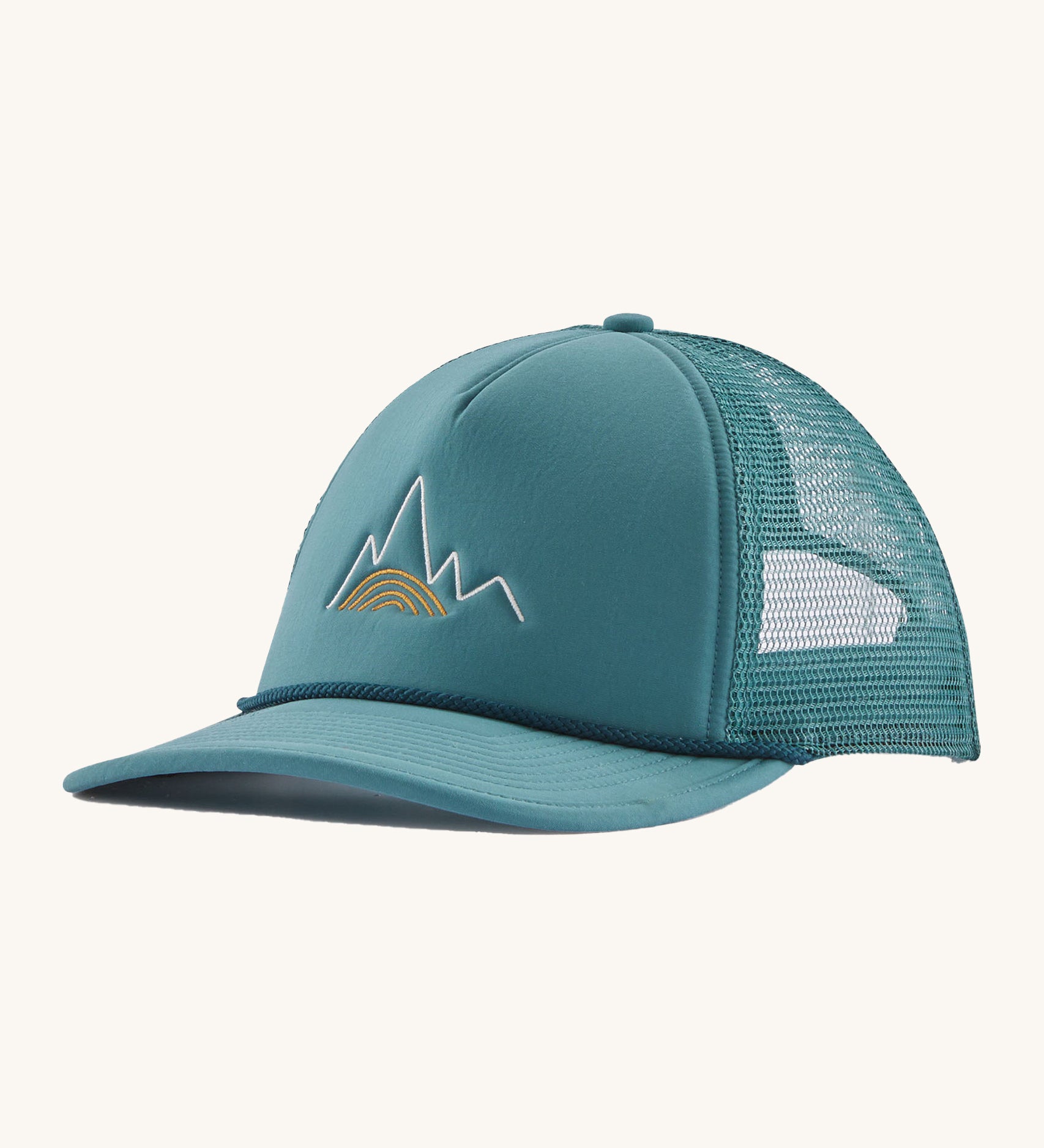 Patagonia broadcaster cap in turquoise colour on a cream background.