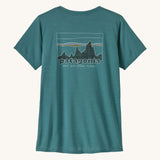 patagonia women's capilene top in a turquoise colour with logo design on a cream background.