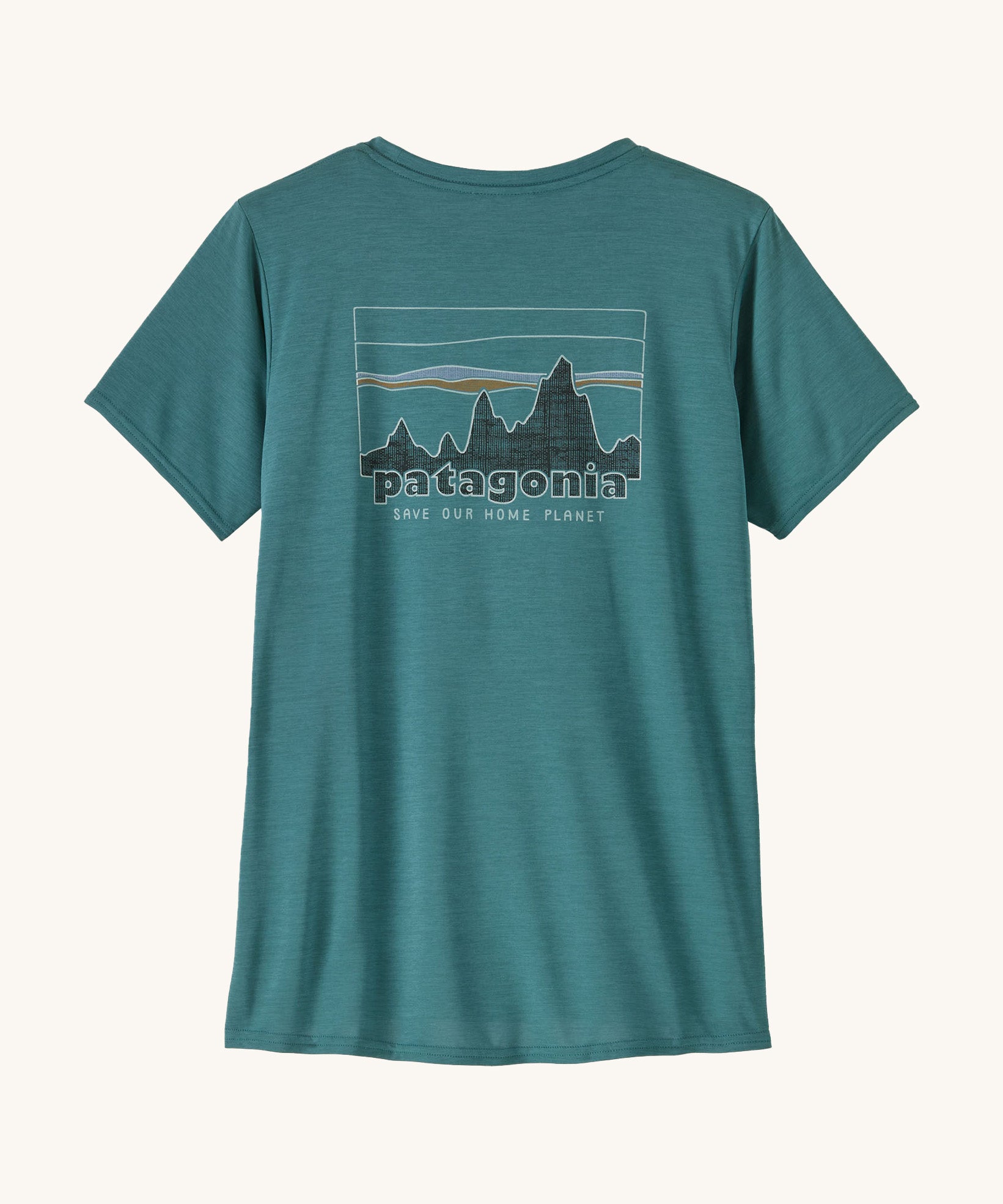 patagonia women's capilene top in a turquoise colour with logo design on a cream background.