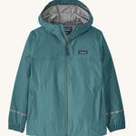 The Patagonia Little Kids Torrentshell 3L Waterproof Jacket in a teal blue colour on a plain background.