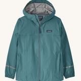 The Patagonia Little Kids Torrentshell 3L Waterproof Jacket in a teal blue colour on a plain background.