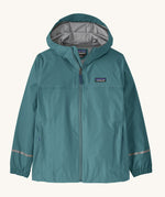 The Patagonia Little Kids Torrentshell 3L Waterproof Jacket in a teal blue colour on a plain background.