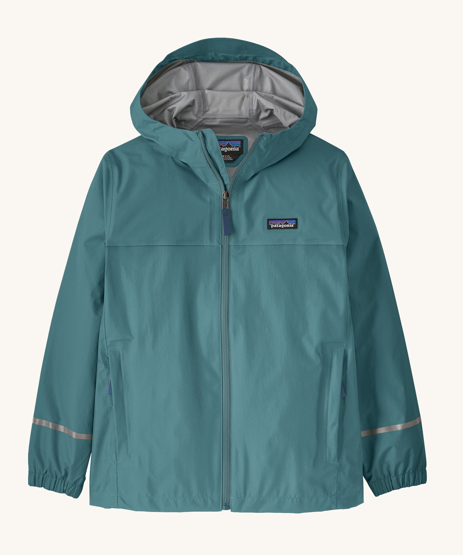 The Patagonia Little Kids Torrentshell 3L Waterproof Jacket in a teal blue colour on a plain background.