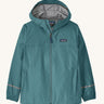 The Patagonia Little Kids Torrentshell 3L Waterproof Jacket in a teal blue colour on a plain background.