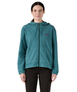 Patagonia women's micro fleece hooded jacket in a turquoise colour worn by a woman front detail