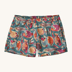 Patagonia women's barely baggies shorts in turquoise and fish design on a cream background.