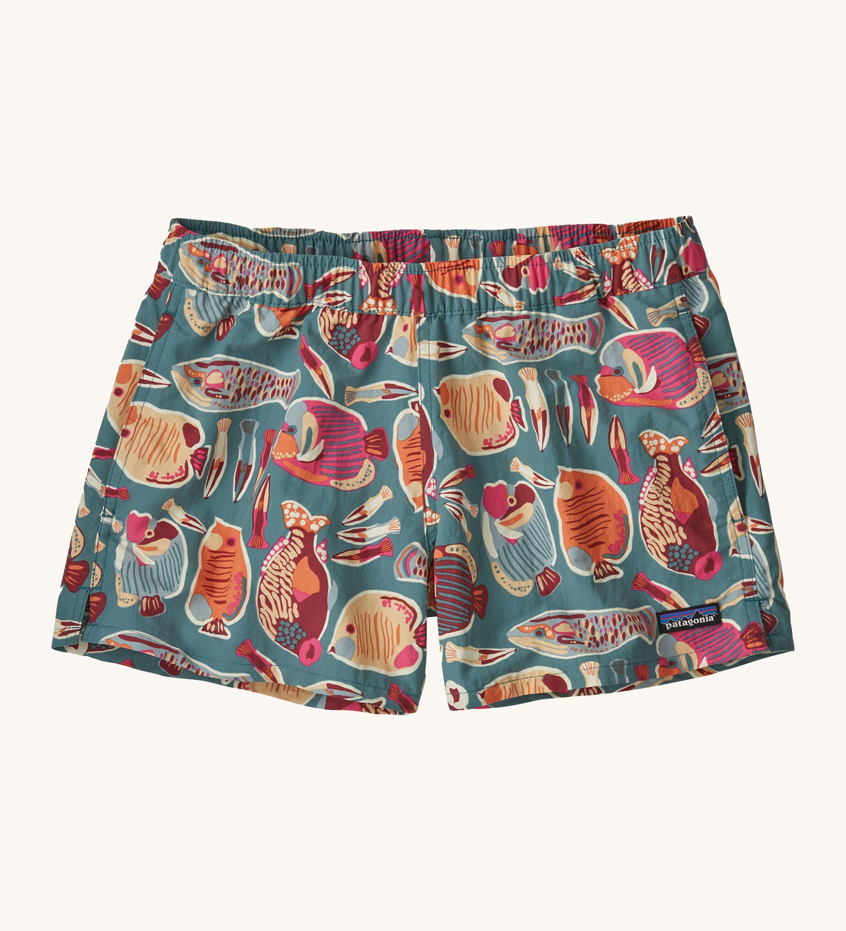 Patagonia women's barely baggies shorts in turquoise and fish design on a cream background.