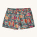 Patagonia women's barely baggies shorts in turquoise and fish design on a cream background.