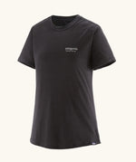Patagonia women's black capilene merino blend short sleeve t-shirt with small brand logo text on the chest