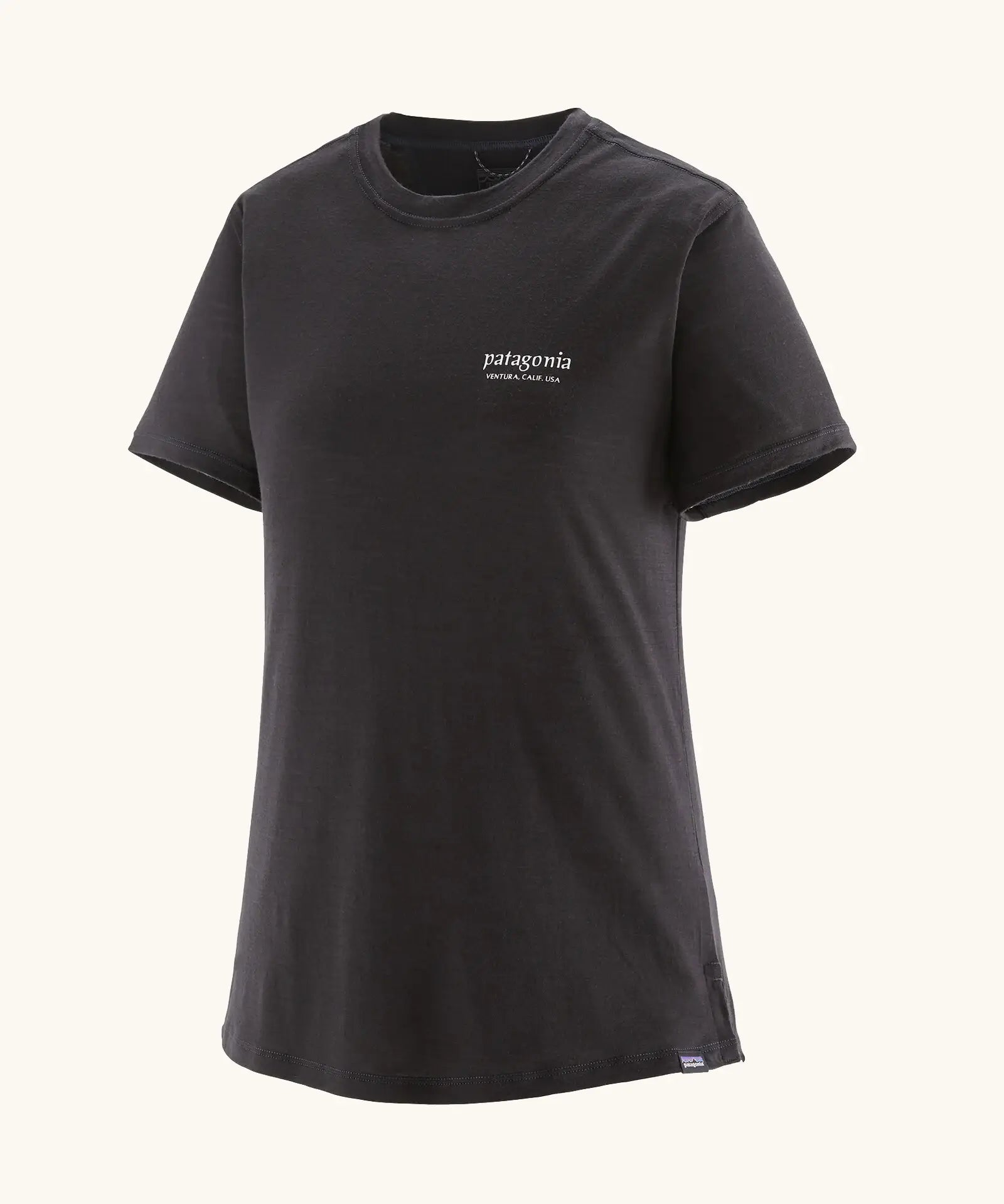 Patagonia women's black capilene merino blend short sleeve t-shirt with small brand logo text on the chest