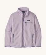 Patagonia women's retro pile fleece in a light purple colour on a cream background.