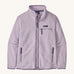 Patagonia women's retro pile fleece in a light purple colour on a cream background.