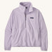 Patagonia women's micro 1/2 zip fleece in a light purple colour on a cream background.