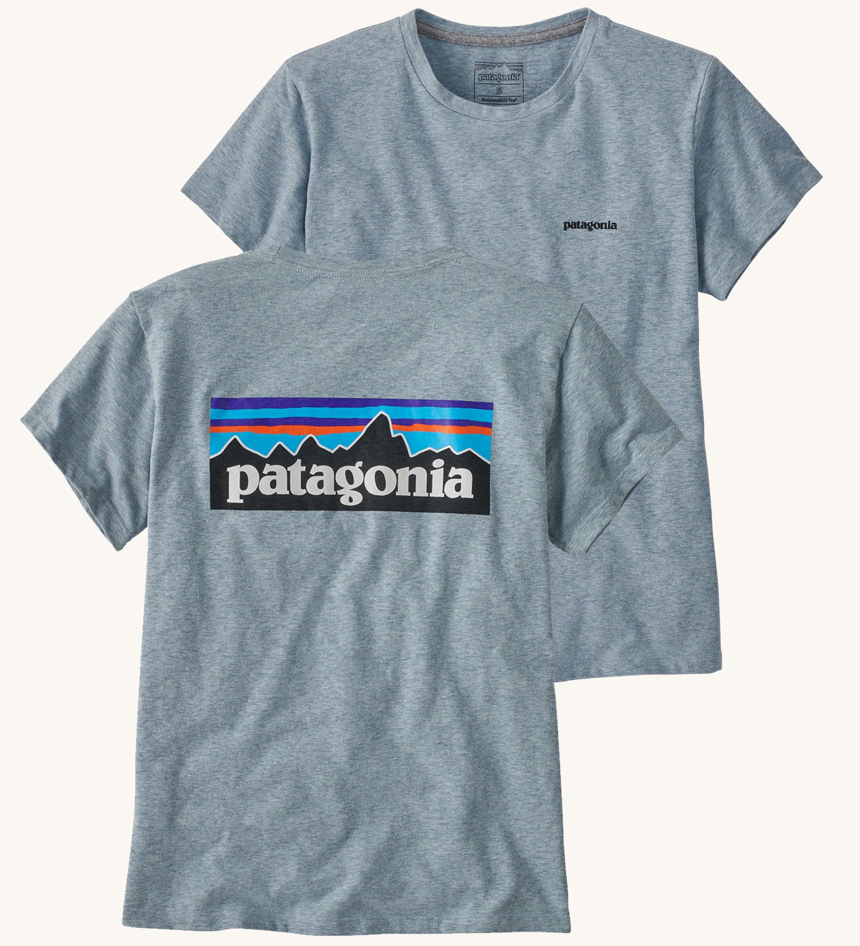  Patagonia Women's P-6 Logo Responsibili-Tee Thermal Blue showing the front and back views