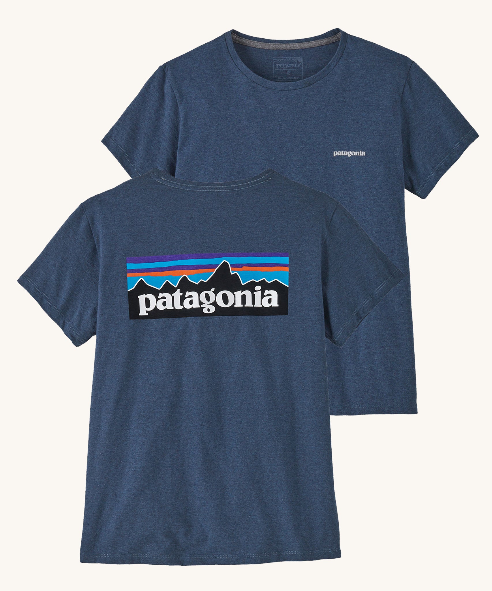  Patagonia Women's P-6 Logo Responsibili-Tee Utility Blue on a plain background showing both front and back