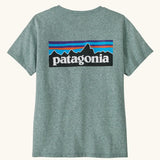 Back of the Patagonia women's P-6 logo responsibili-tee in blue sage.