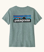 Back of the Patagonia women's P-6 logo responsibili-tee in blue sage.