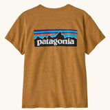 Back of Patagonia women's P-6 logo responsibili-tee short sleeved t-shirt in dried mango yellow. 