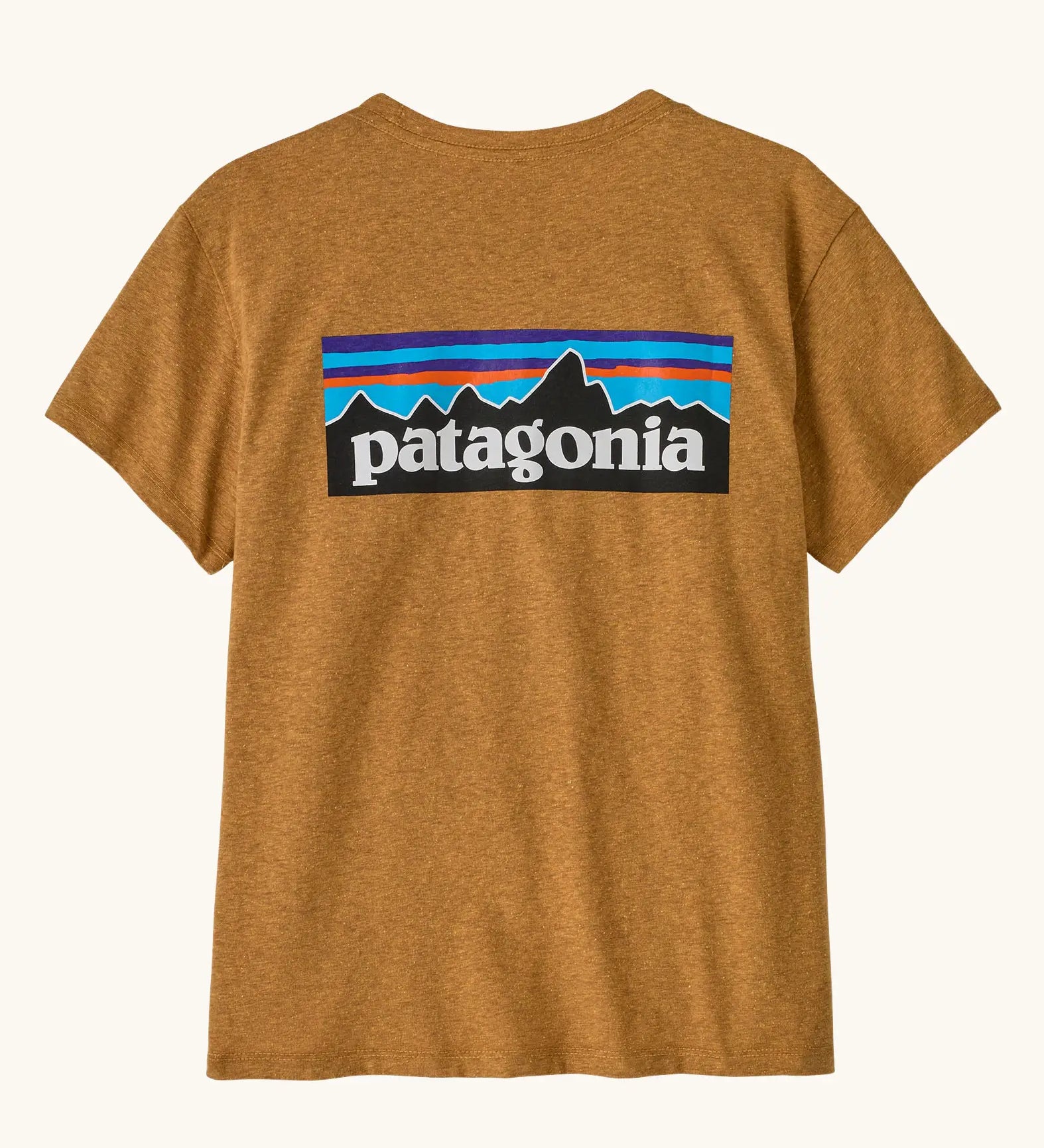 Back of Patagonia women's P-6 logo responsibili-tee short sleeved t-shirt in dried mango yellow. 