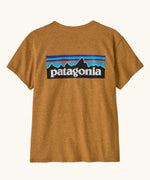 Back of Patagonia women's P-6 logo responsibili-tee short sleeved t-shirt in dried mango yellow. 