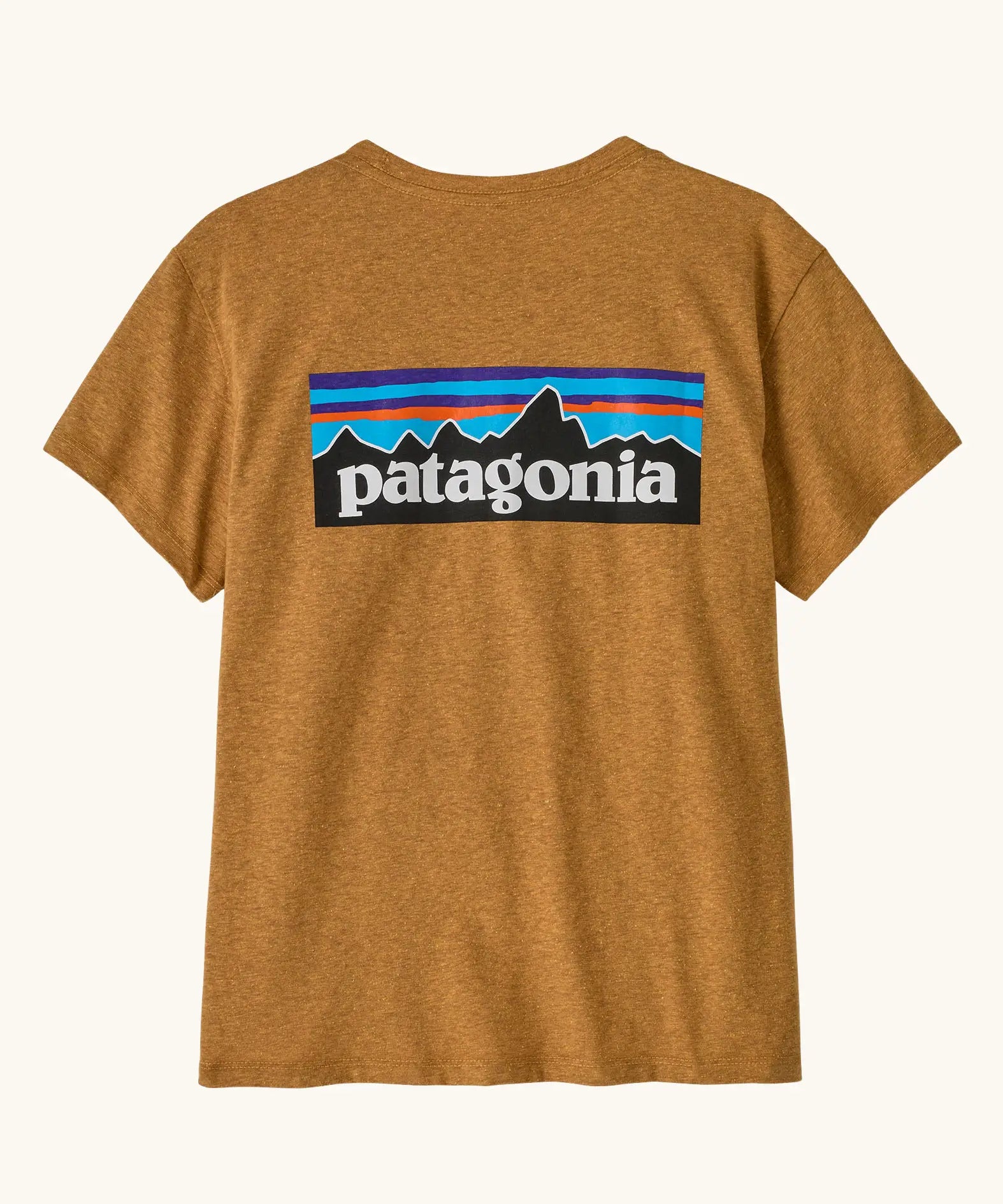 Back of Patagonia women's P-6 logo responsibili-tee short sleeved t-shirt in dried mango yellow. 