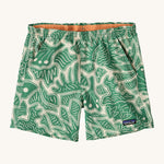 Patagonia women's baggies shorts with a retro green leaf design on a cream background.