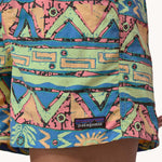 A close up of the Patagonia Women's Baggies Shorts - High Hopes Geo / Salamander Green waste tie