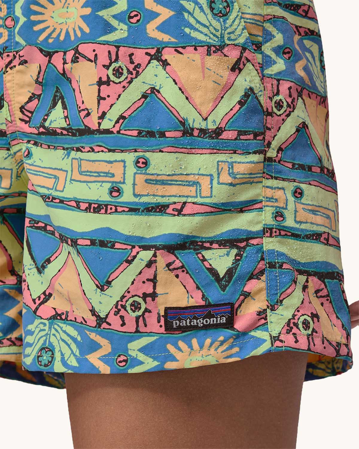 A close up of the Patagonia Women's Baggies Shorts - High Hopes Geo / Salamander Green waste tie
