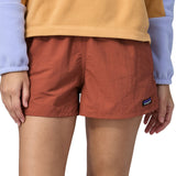 Patagonia women's barely baggies shorts in brown worn by a woman front detail
