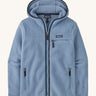 Patagonia Retro Pile Hoody. A women's fleece style jacket in a light blue colour with dark blue trim. Features a full length zip, 2 side pockets, a chest pocket and a logo patch stitched on the left chest.