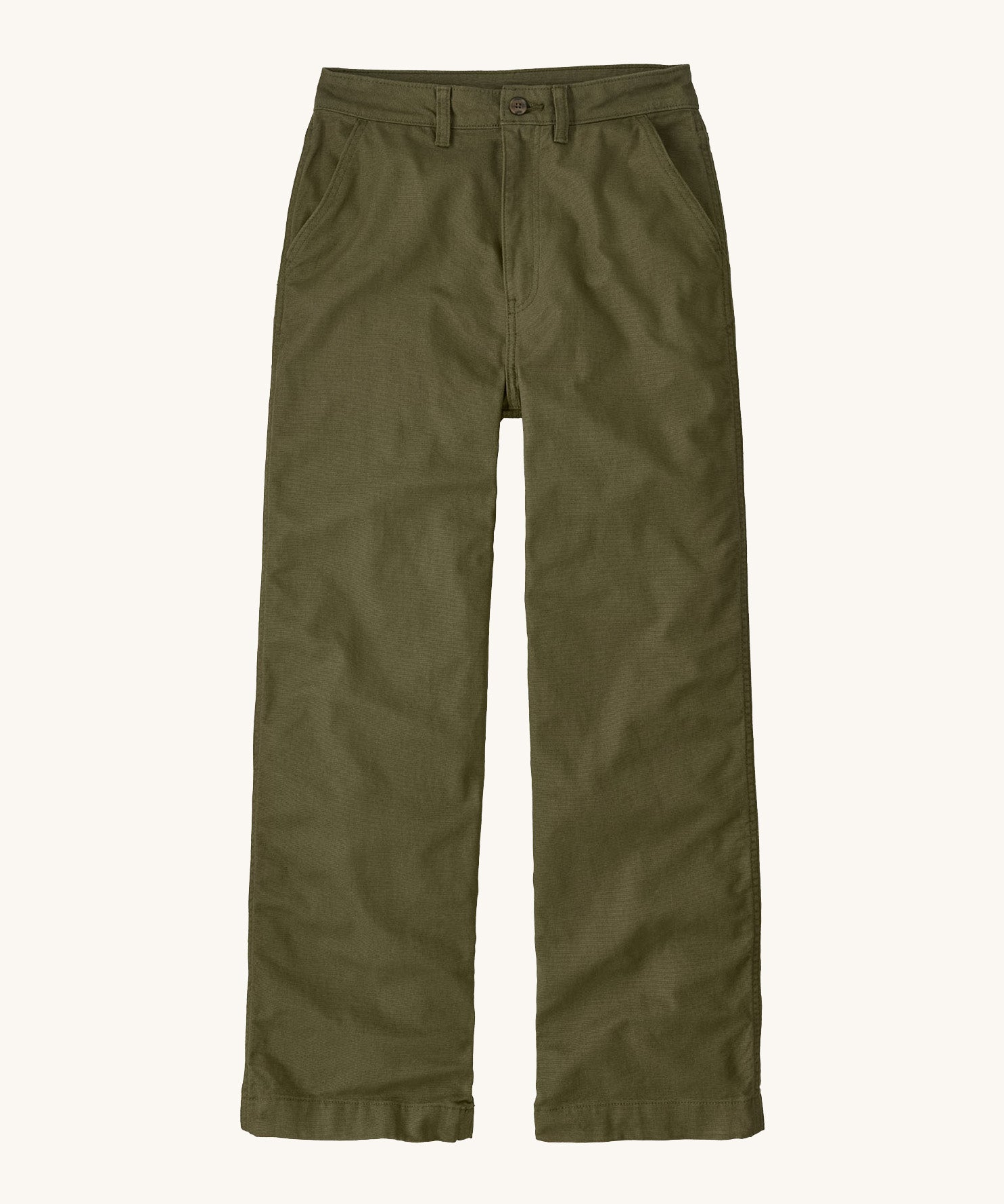 Patagonia women's trousers. A wide leg style canvas trousers in basin green colour, features a button fastener and 2 side pockets. 