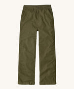 Patagonia women's trousers. A wide leg style canvas trousers in basin green colour, features a button fastener and 2 side pockets. 
