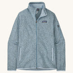 patagonia womens better sweater fleece in a light blue colour on a cream background.