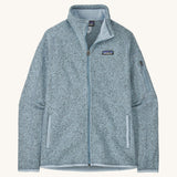 patagonia womens better sweater fleece in a light blue colour on a cream background.