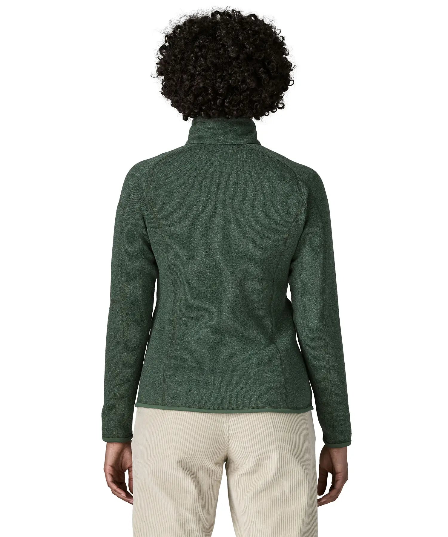 Back of woman wearing the Patagonia women’s better sweater fleece jacket in green. Close up of collar with zip open.