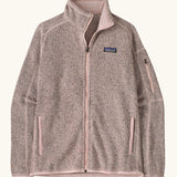 Patagonia women’s better sweater fleece jacket in pink frost. Full zip jacket with zipped arm pocket and handwarmer pockets.