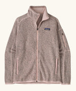 Patagonia women’s better sweater fleece jacket in pink frost. Full zip jacket with zipped arm pocket and handwarmer pockets.
