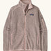 Patagonia women’s better sweater fleece jacket in pink frost. Full zip jacket with zipped arm pocket and handwarmer pockets.