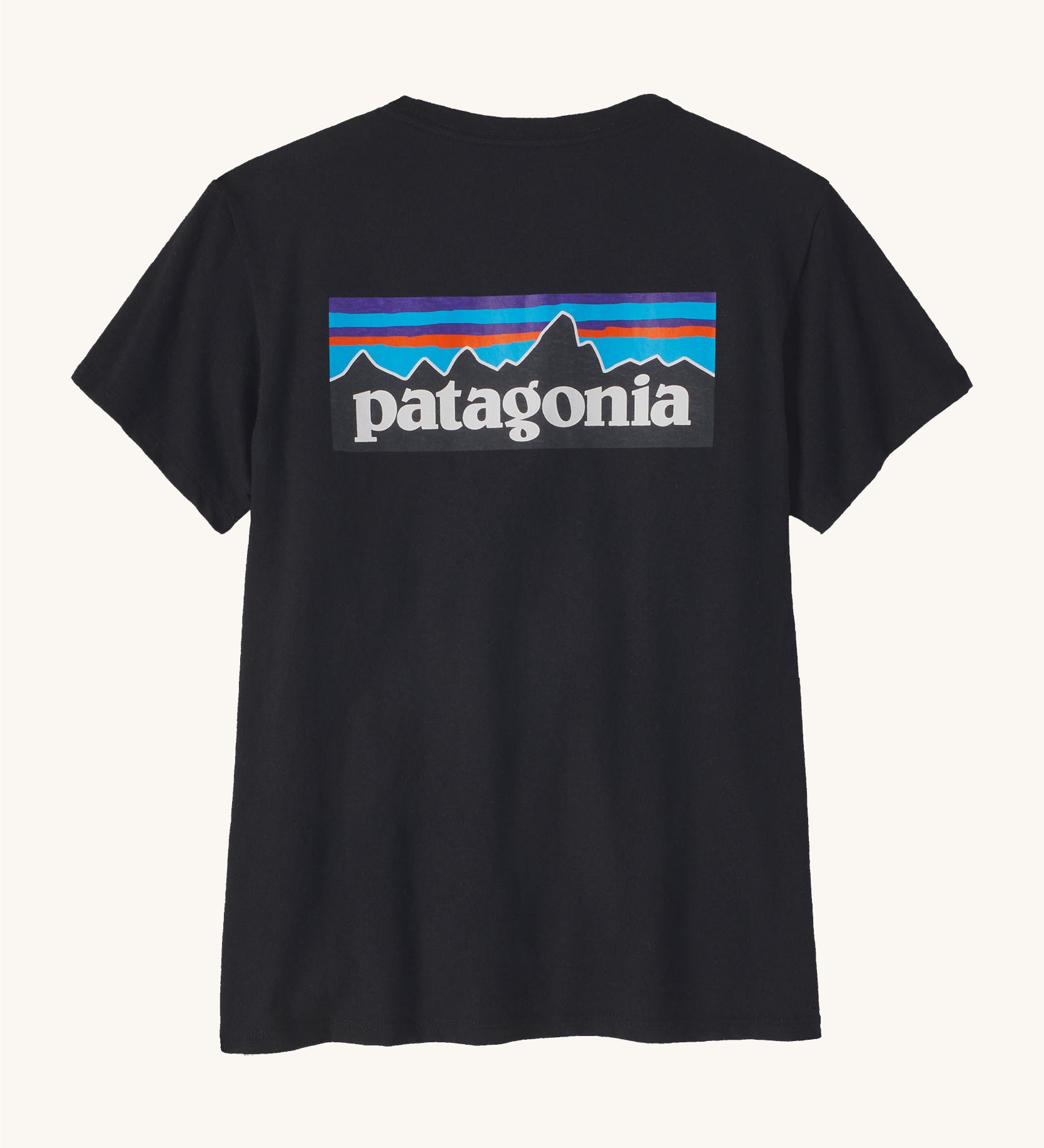 Patagonia women's short sleeve top in black showing the large logo printed on back