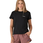 Patagonia women's black short sleeve t-shirt with logo worn by a woman