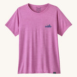 The front of the Patagonia Women's Capilene Cool Daily Graphic Shirt - '73 Skyline / Brisk Purple available at Babipur. A vibrant pink/purple top with short sleeves and a brand graphic on the chest