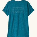 Patagonia women's capilene cool daily t-shirt with P-6 Cosmos logo in a  glacial blue - light glacial blue X-Dye material.