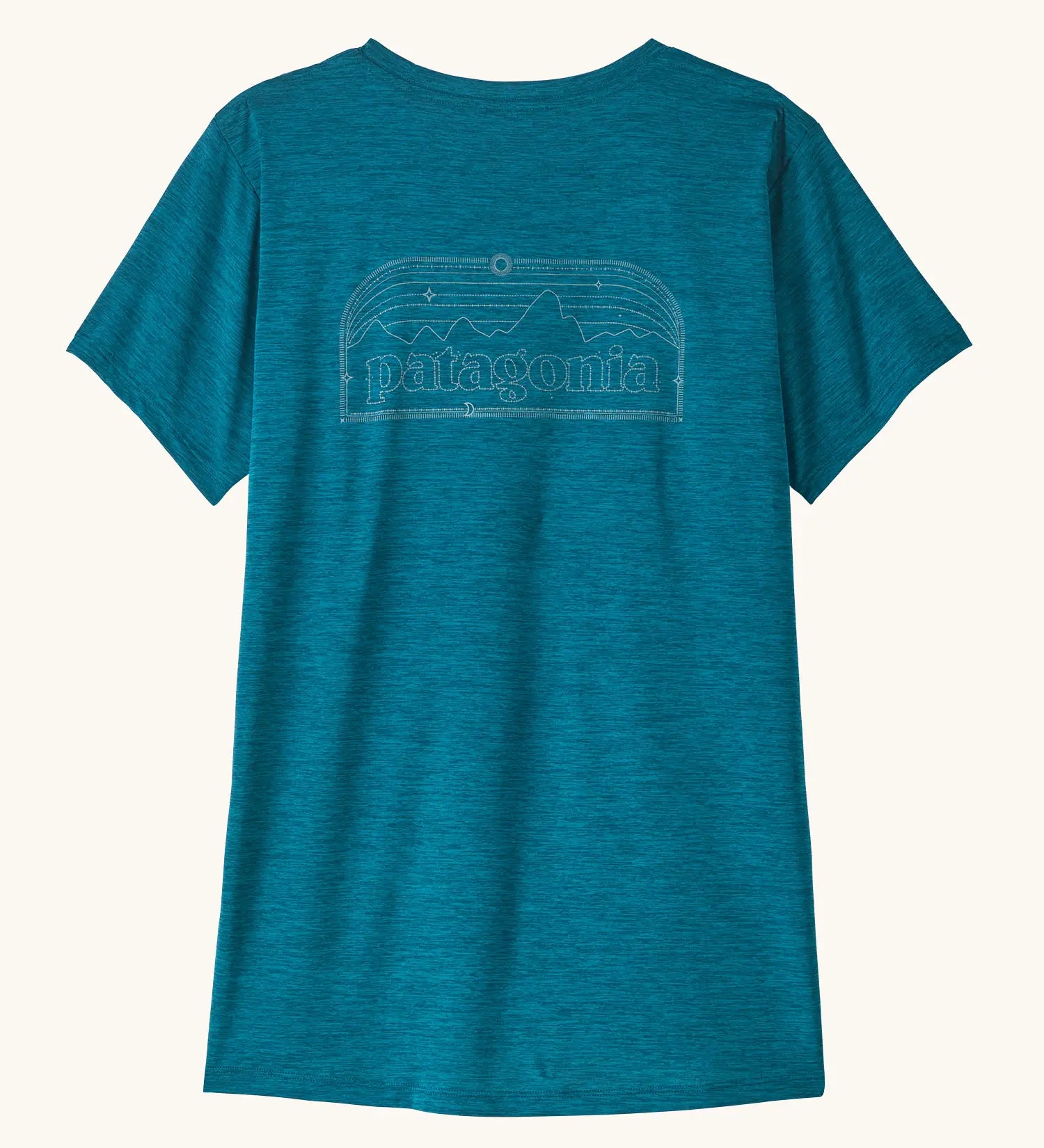 Patagonia women's capilene cool daily t-shirt with P-6 Cosmos logo in a  glacial blue - light glacial blue X-Dye material.