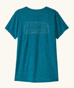 Patagonia women's capilene cool daily t-shirt with P-6 Cosmos logo in a  glacial blue - light glacial blue X-Dye material.