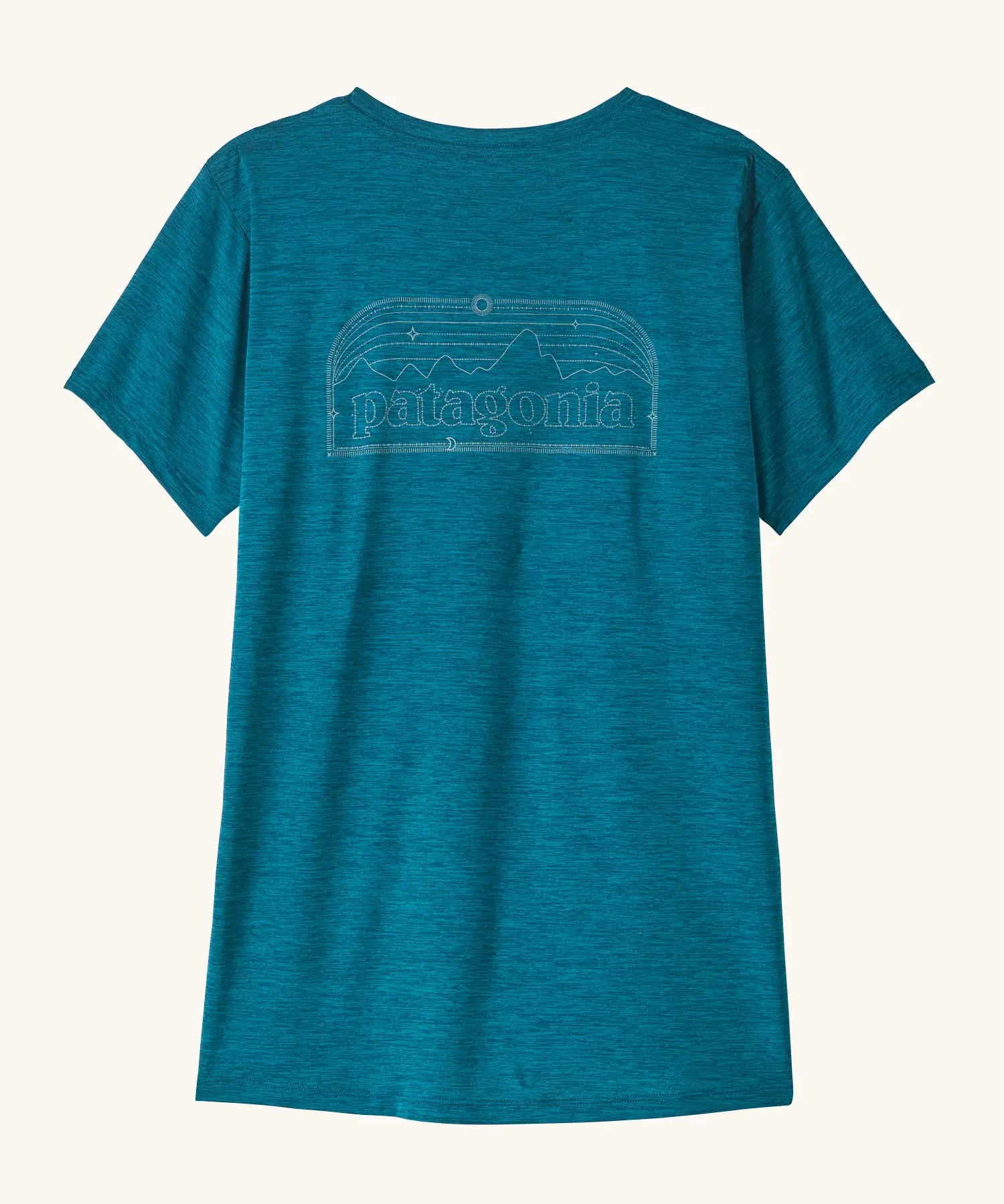Patagonia women's capilene cool daily t-shirt with P-6 Cosmos logo in a  glacial blue - light glacial blue X-Dye material.
